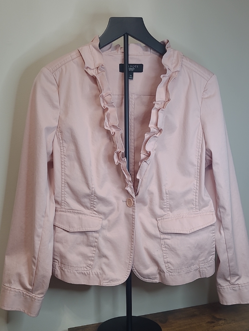 Talbots Light Pink Ruffle-Trim Cotton Blazer size 14 PETITE